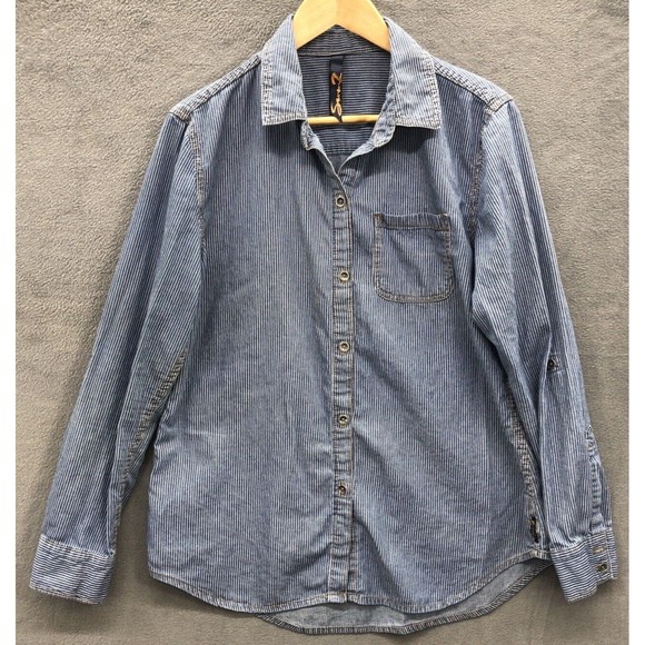 Seven7 Denim Chambray Shirt Size Large Striped Roll Tab Sleeves - Picture 1 of 14
